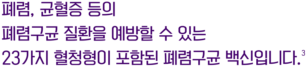 폐렴, 균형증ㅇ 등의 폐렴 구균 질환을 예발할 수 있는 23가지 혈청형이 포함된 폐렴구균 백신입니다.