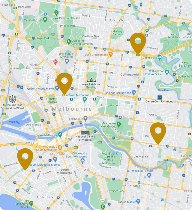 A map graphic displaying several location pins in gold, indicating points of interest or destinations.